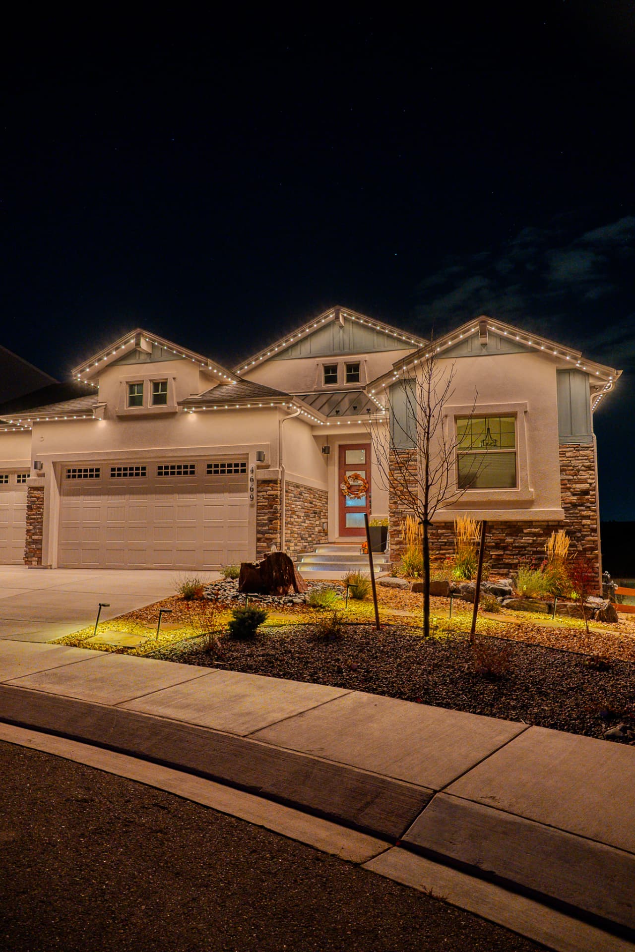 Home on the Wasatch Front with permanent roofline lighting installed by Solace Lighting