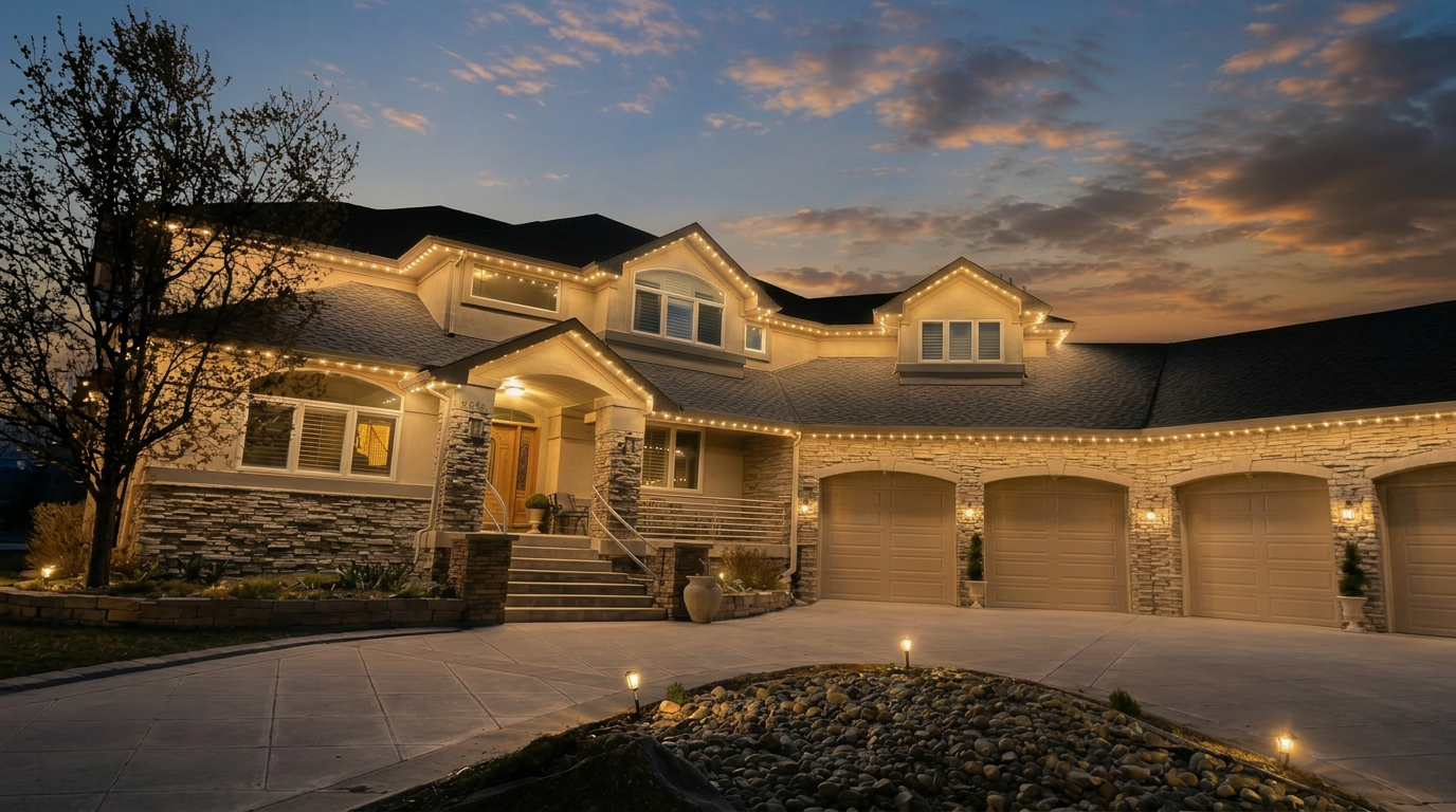 Beautiful home decorated with warm white Christmas lights at twilight